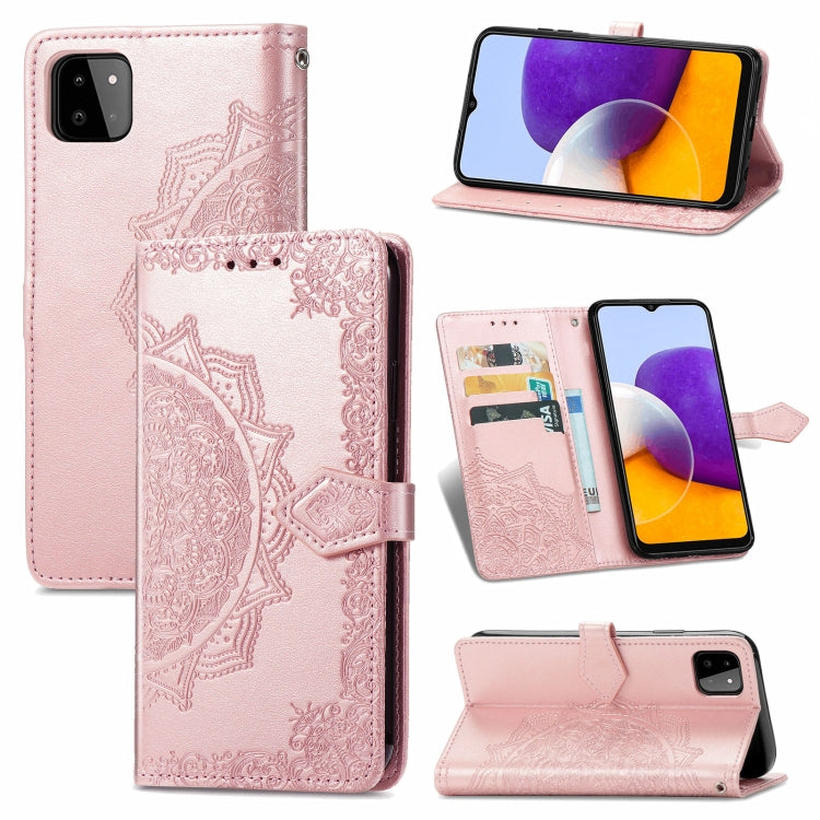 For Samsung Galaxy A22 5G Mandala Embossing Pattern Horizontal Flip Leather Case with Holder & Card Slots & Wallet & Lanyard