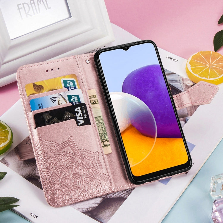 For Samsung Galaxy A22 5G Mandala Embossing Pattern Horizontal Flip Leather Case with Holder & Card Slots & Wallet & Lanyard