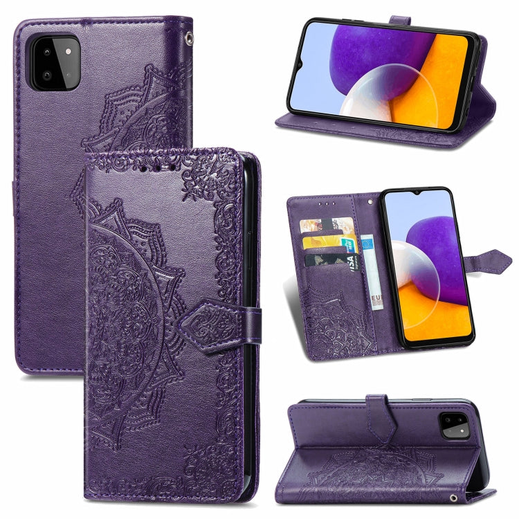 For Samsung Galaxy A22 5G Mandala Embossing Pattern Horizontal Flip Leather Case with Holder & Card Slots & Wallet & Lanyard