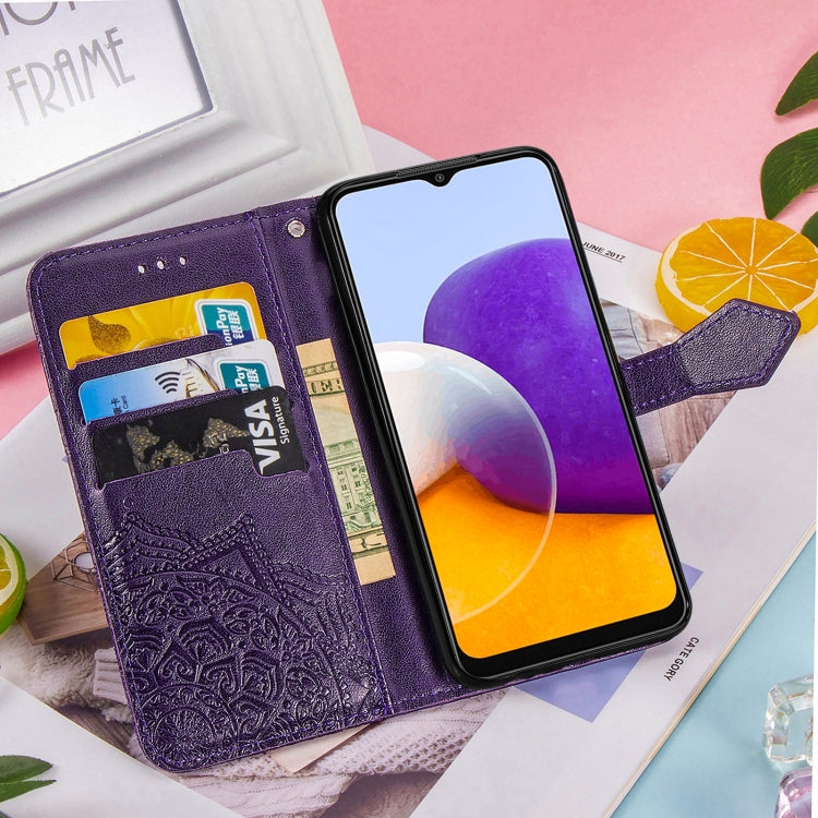 For Samsung Galaxy A22 5G Mandala Embossing Pattern Horizontal Flip Leather Case with Holder & Card Slots & Wallet & Lanyard