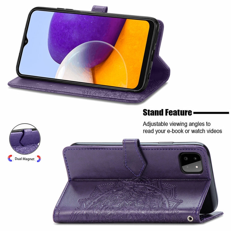 For Samsung Galaxy A22 5G Mandala Embossing Pattern Horizontal Flip Leather Case with Holder & Card Slots & Wallet & Lanyard