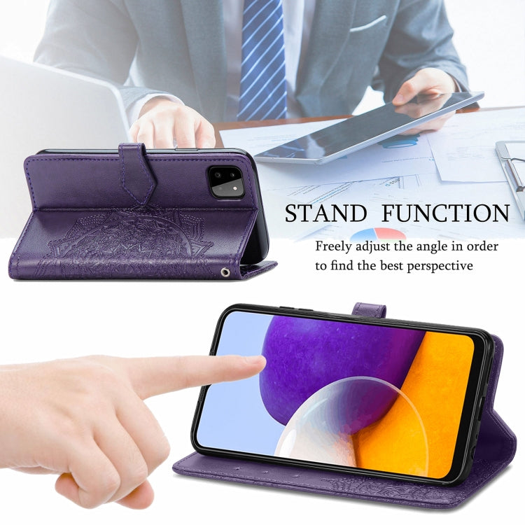 For Samsung Galaxy A22 5G Mandala Embossing Pattern Horizontal Flip Leather Case with Holder & Card Slots & Wallet & Lanyard