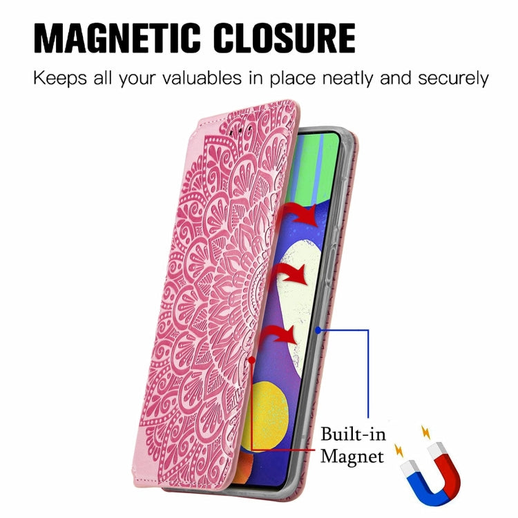 For Samsung Galaxy F62 Blooming Mandala Embossed Pattern Magnetic Horizontal Flip Leather Case with Holder & Card Slots & Wallet