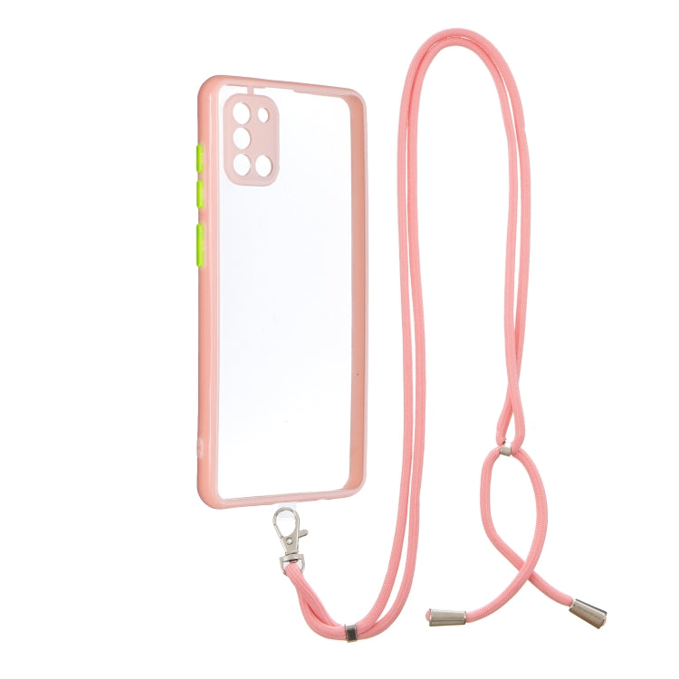 For Samsung Galaxy A31 Transparent PC+TPU Phone Case with Contrast Color Button & Neck Lanyard