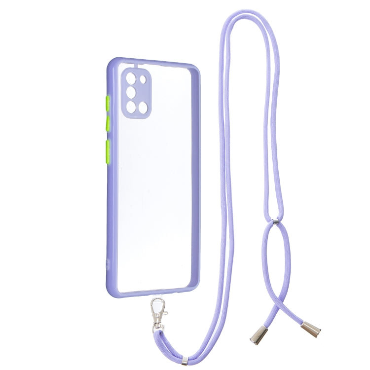 For Samsung Galaxy A31 Transparent PC+TPU Phone Case with Contrast Color Button & Neck Lanyard