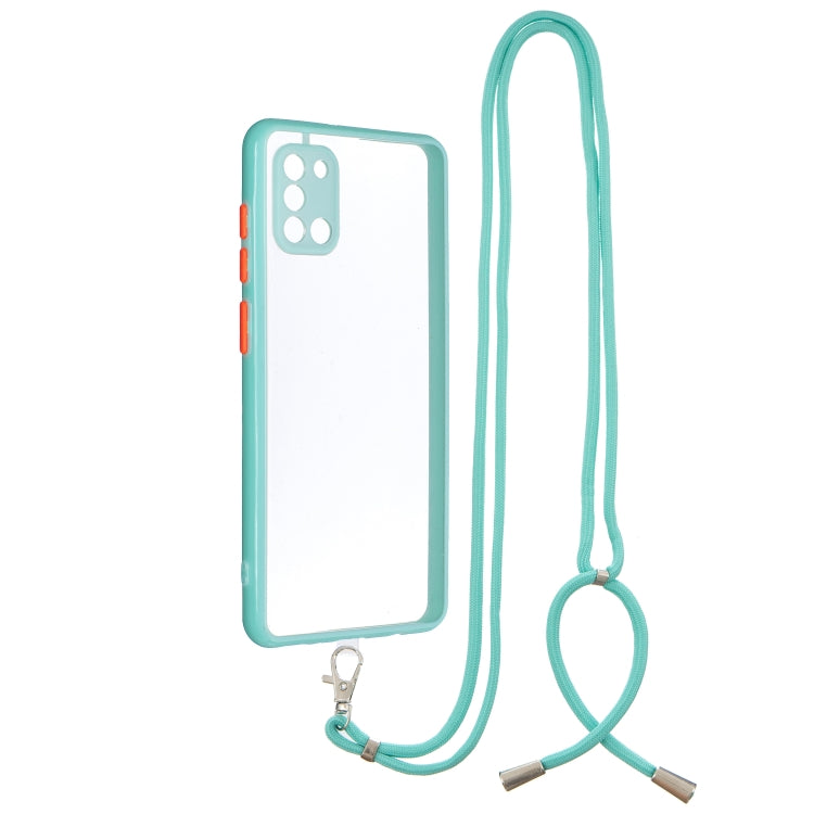 For Samsung Galaxy A31 Transparent PC+TPU Phone Case with Contrast Color Button & Neck Lanyard