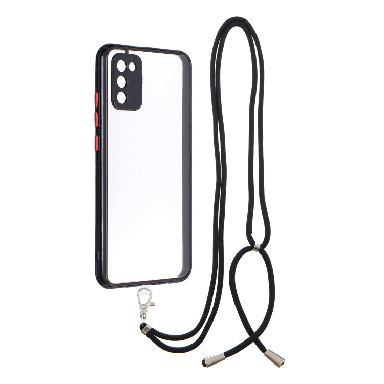 For Samsung Galaxy A02s (EU Version) Transparent PC+TPU Phone Case with Contrast Color Button & Neck Lanyard