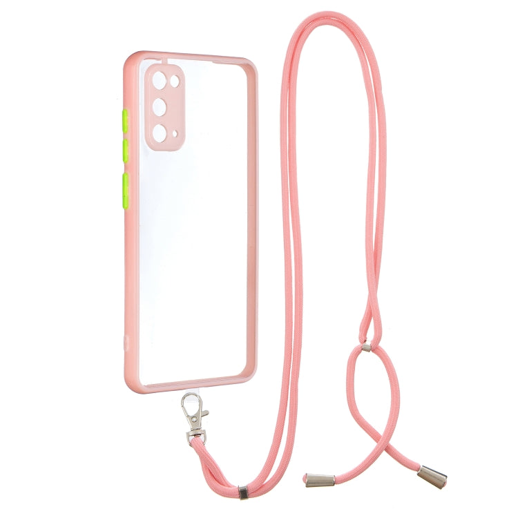 For Samsung Galaxy S20 Transparent PC+TPU Phone Case with Contrast Color Button & Neck Lanyard