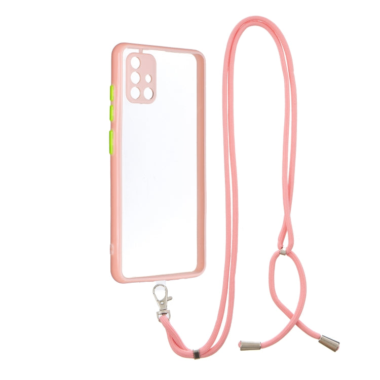 For Samsung Galaxy A51 4G Transparent PC+TPU Phone Case with Contrast Color Button & Neck Lanyard