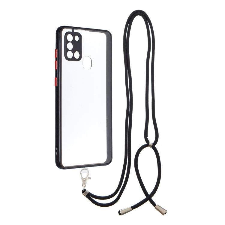 For Samsung Galaxy A21s Transparent PC+TPU Phone Case with Contrast Color Button & Neck Lanyard