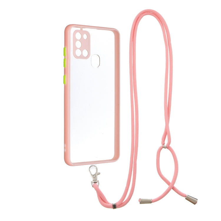For Samsung Galaxy A21s Transparent PC+TPU Phone Case with Contrast Color Button & Neck Lanyard