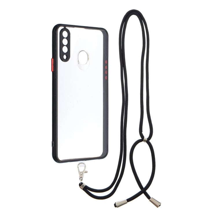 For Samsung Galaxy A20s Transparent PC+TPU Phone Case with Contrast Color Button & Neck Lanyard