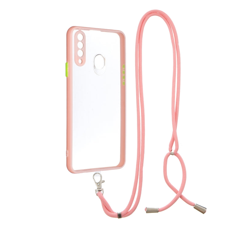 For Samsung Galaxy A20s Transparent PC+TPU Phone Case with Contrast Color Button & Neck Lanyard
