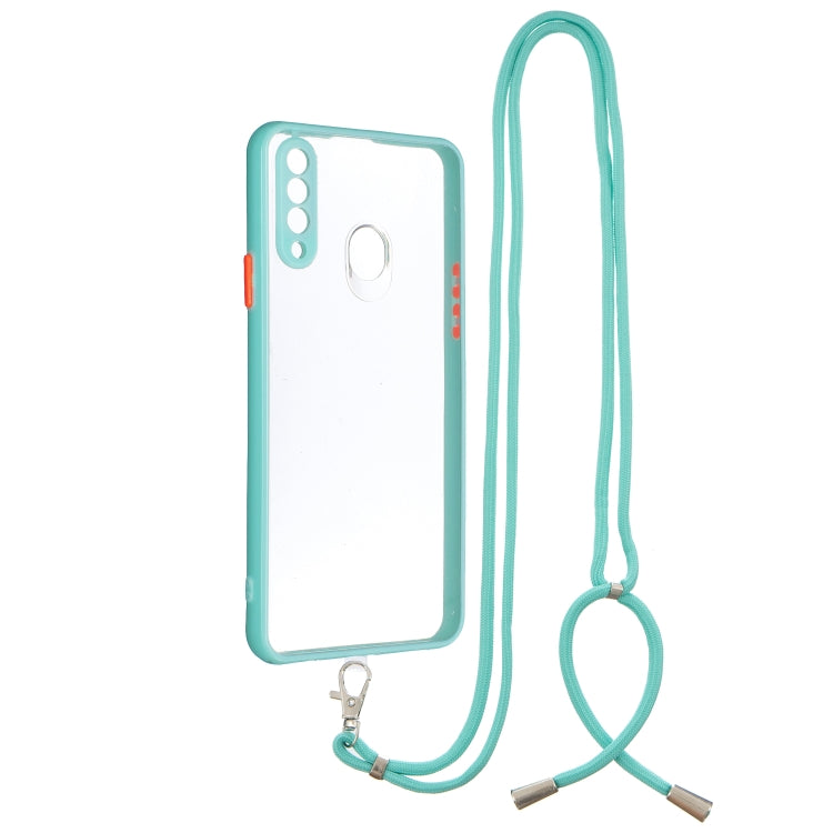 For Samsung Galaxy A20s Transparent PC+TPU Phone Case with Contrast Color Button & Neck Lanyard