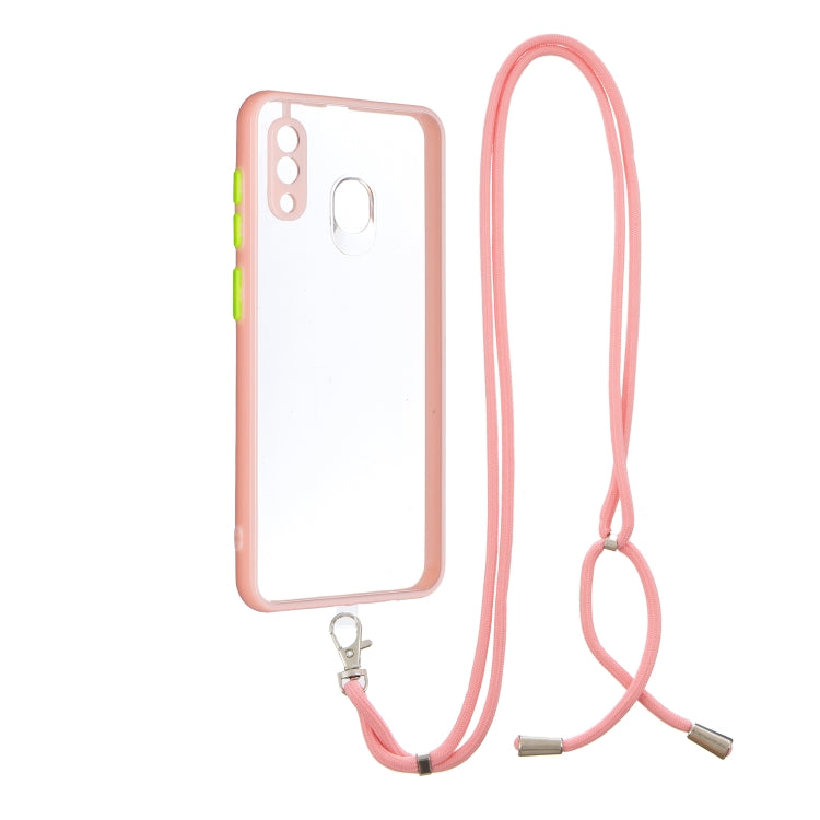 For Samsung Galaxy A20/A30 Transparent PC+TPU Phone Case with Contrast Color Button & Neck Lanyard
