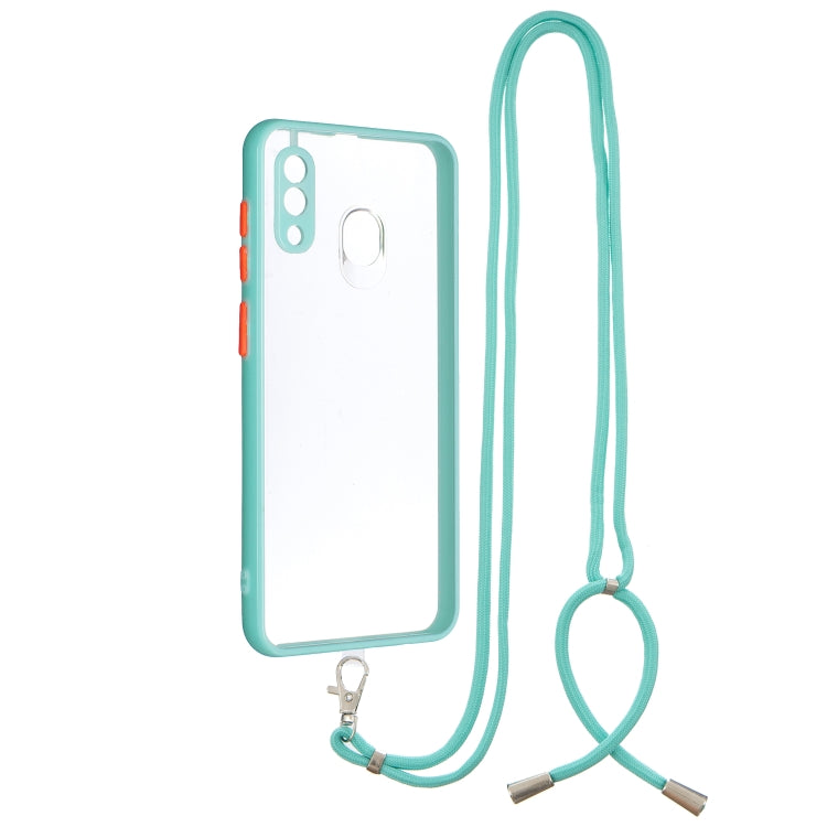 For Samsung Galaxy A20/A30 Transparent PC+TPU Phone Case with Contrast Color Button & Neck Lanyard