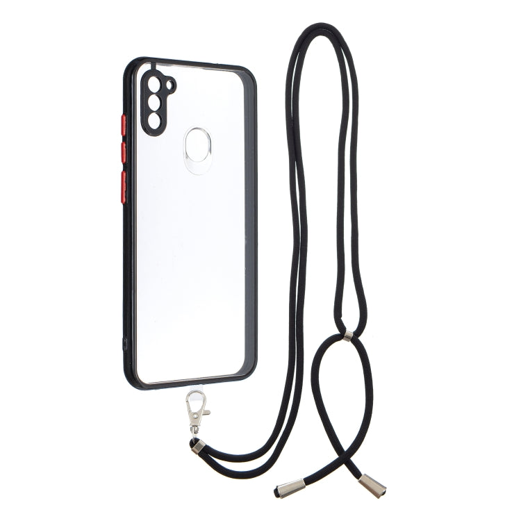 For Samsung Galaxy A11 Transparent PC+TPU Phone Case with Contrast Color Button & Neck Lanyard