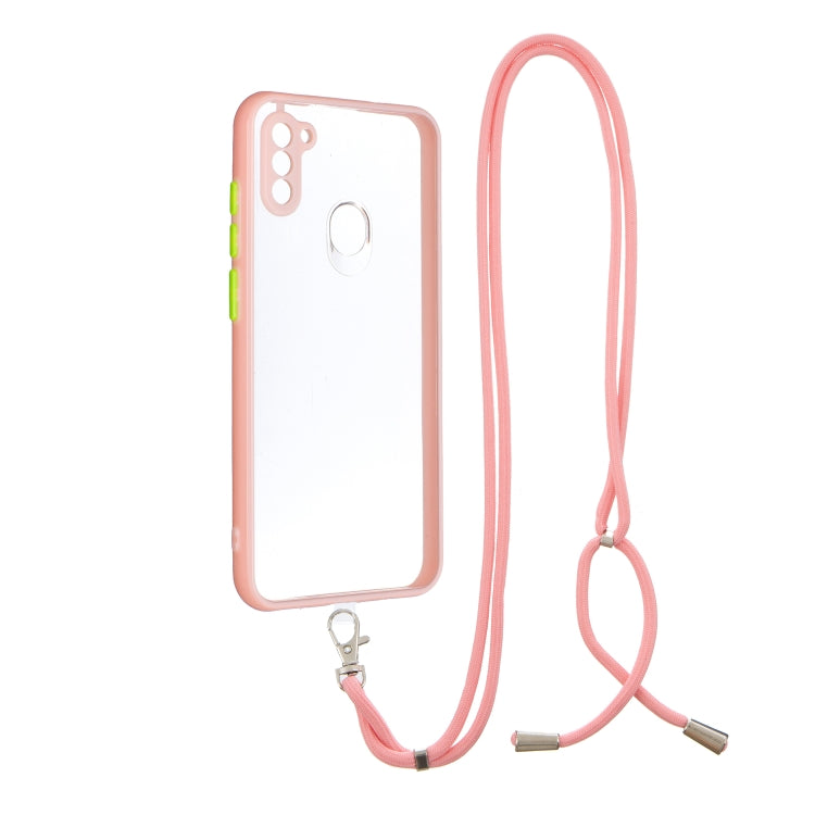 For Samsung Galaxy A11 Transparent PC+TPU Phone Case with Contrast Color Button & Neck Lanyard