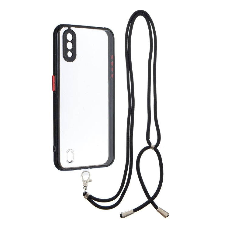 For Samsung Galaxy A01 Transparent PC+TPU Phone Case with Contrast Color Button & Neck Lanyard