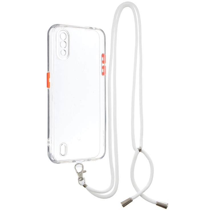 For Samsung Galaxy A01 Transparent PC+TPU Phone Case with Contrast Color Button & Neck Lanyard