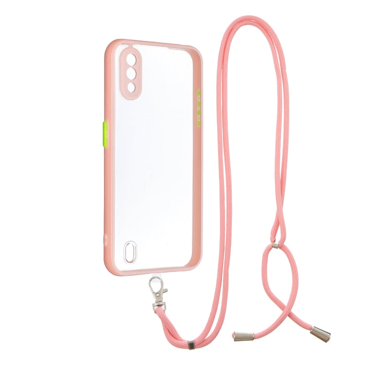 For Samsung Galaxy A01 Transparent PC+TPU Phone Case with Contrast Color Button & Neck Lanyard
