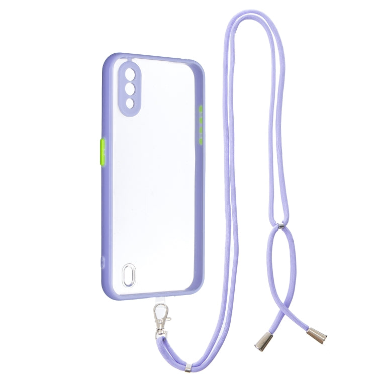 For Samsung Galaxy A01 Transparent PC+TPU Phone Case with Contrast Color Button & Neck Lanyard
