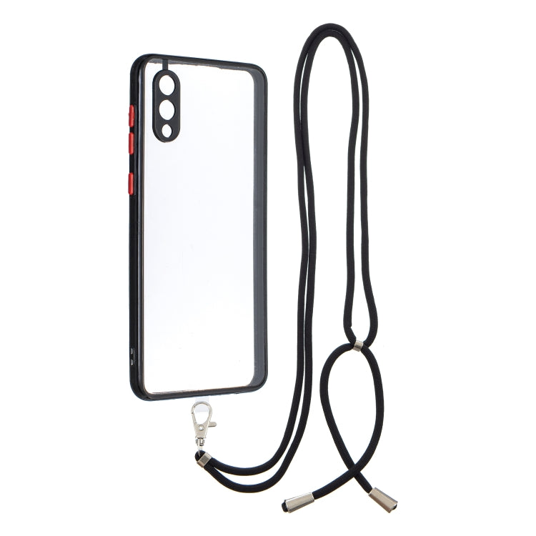 For Samsung Galaxy A02 Transparent PC+TPU Phone Case with Contrast Color Button & Neck Lanyard