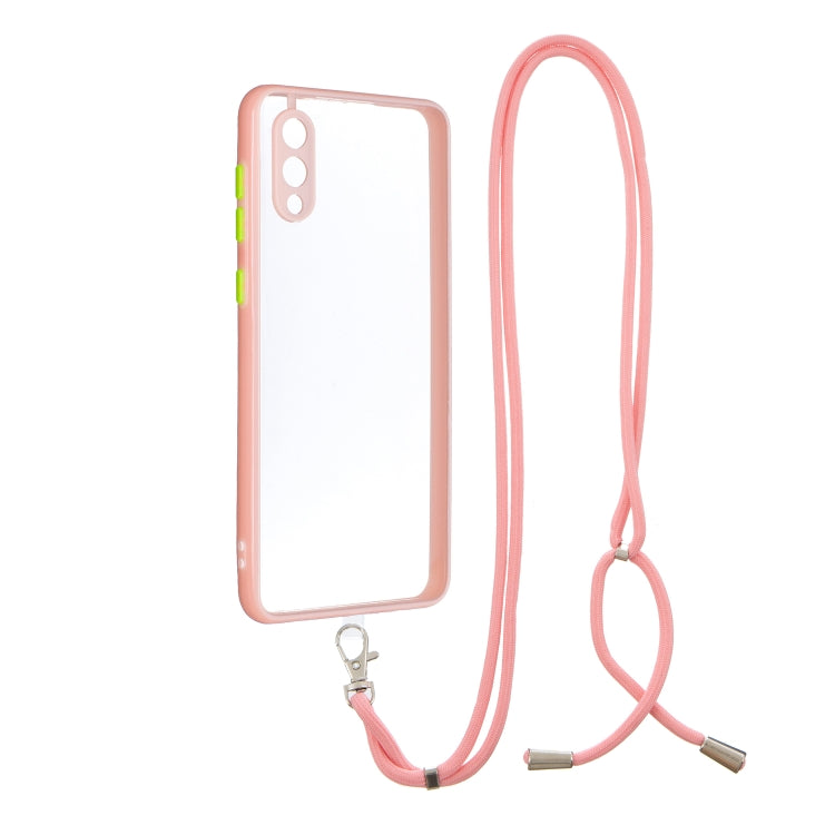 For Samsung Galaxy A02 Transparent PC+TPU Phone Case with Contrast Color Button & Neck Lanyard