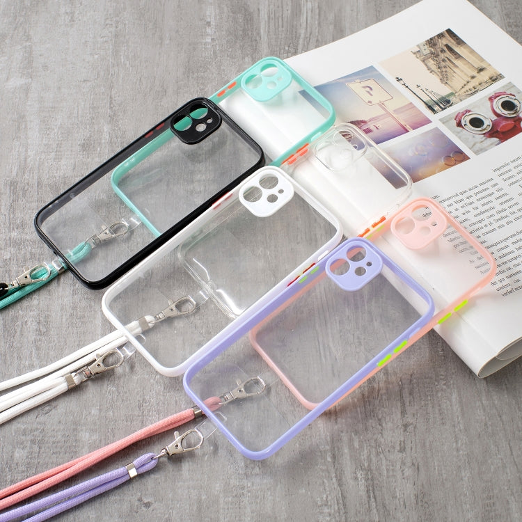 For iPhone 12 Transparent PC+TPU Phone Case with Contrast Color Button & Neck Lanyard
