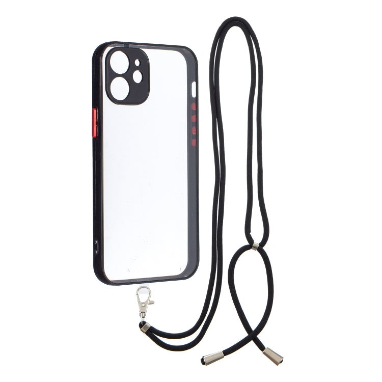 For iPhone 12 mini Transparent PC+TPU Phone Case with Contrast Color Button & Neck Lanyard