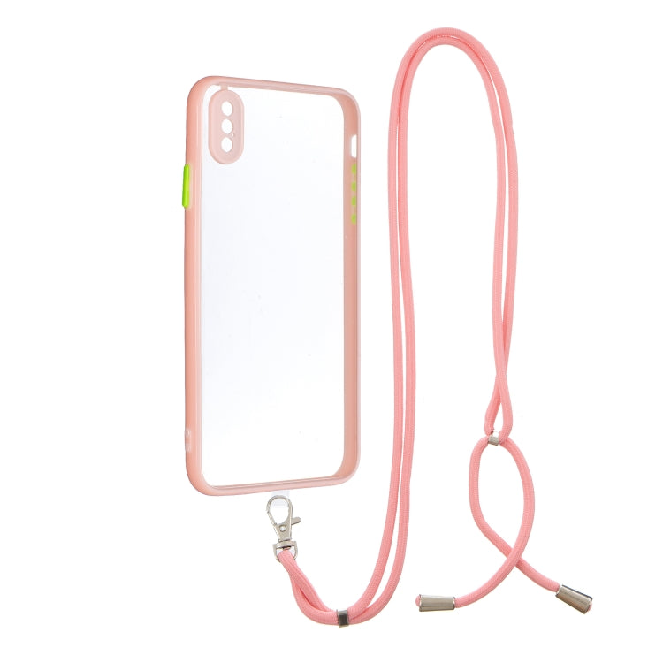 For iPhone XS Max Transparent PC+TPU Phone Case with Contrast Color Button & Neck Lanyard