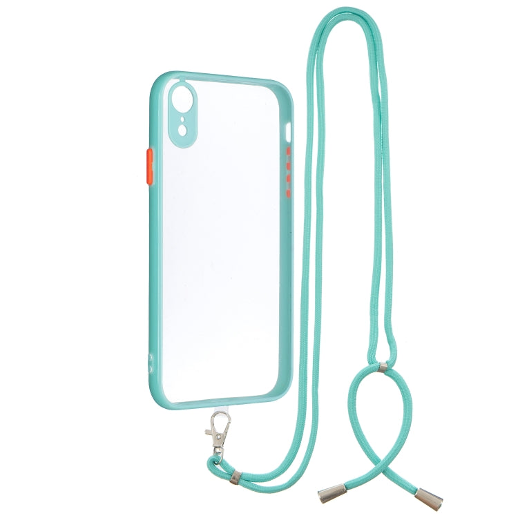 For iPhone XR Transparent PC+TPU Phone Case with Contrast Color Button & Neck Lanyard