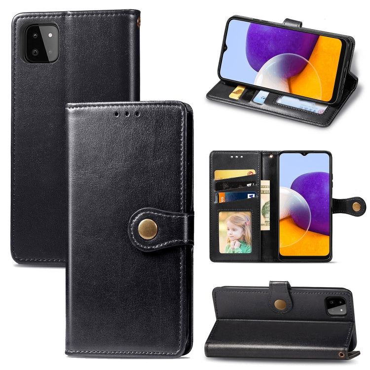 For Samsung Galaxy A22 4G Solid Color Leather Buckle Phone Case with Lanyard & Photo Frame & Card Slot & Wallet & Stand Function