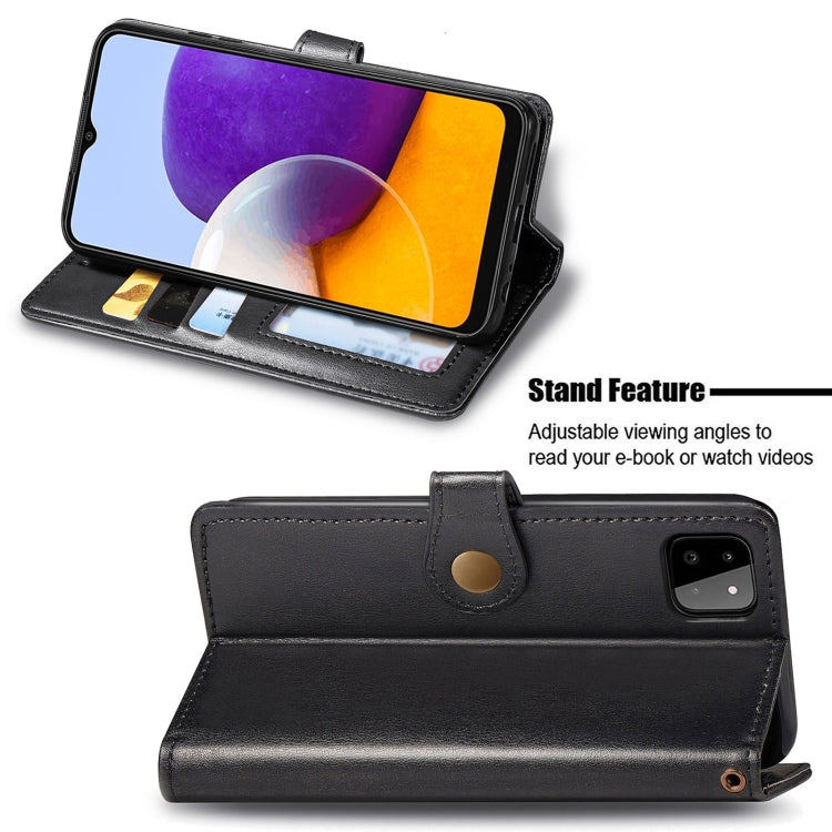 For Samsung Galaxy A22 4G Solid Color Leather Buckle Phone Case with Lanyard & Photo Frame & Card Slot & Wallet & Stand Function