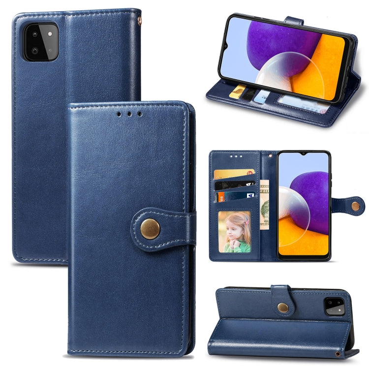 For Samsung Galaxy A22 4G Solid Color Leather Buckle Phone Case with Lanyard & Photo Frame & Card Slot & Wallet & Stand Function