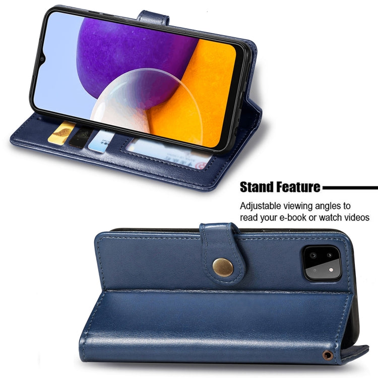 For Samsung Galaxy A22 4G Solid Color Leather Buckle Phone Case with Lanyard & Photo Frame & Card Slot & Wallet & Stand Function