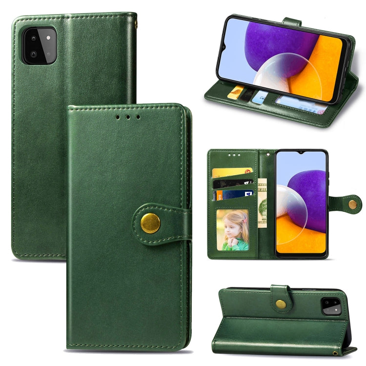 For Samsung Galaxy A22 4G Solid Color Leather Buckle Phone Case with Lanyard & Photo Frame & Card Slot & Wallet & Stand Function