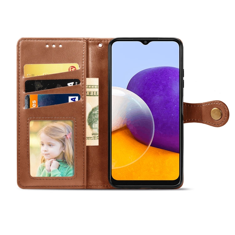For Samsung Galaxy A22 4G Solid Color Leather Buckle Phone Case with Lanyard & Photo Frame & Card Slot & Wallet & Stand Function
