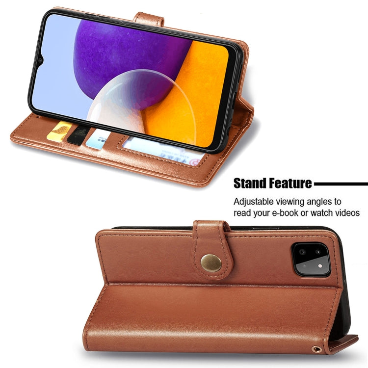 For Samsung Galaxy A22 4G Solid Color Leather Buckle Phone Case with Lanyard & Photo Frame & Card Slot & Wallet & Stand Function