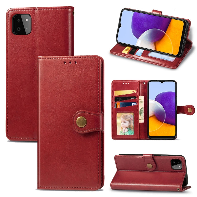 For Samsung Galaxy A22 4G Solid Color Leather Buckle Phone Case with Lanyard & Photo Frame & Card Slot & Wallet & Stand Function