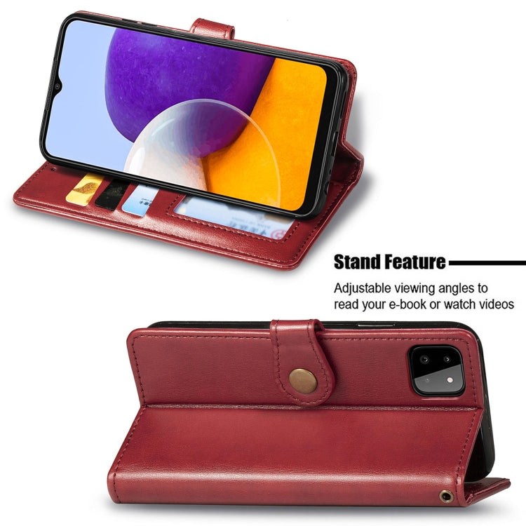 For Samsung Galaxy A22 4G Solid Color Leather Buckle Phone Case with Lanyard & Photo Frame & Card Slot & Wallet & Stand Function