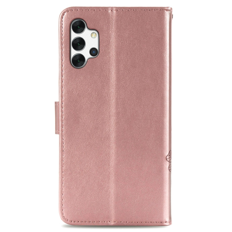 For Samsung Galaxy A32 4G Four-leaf Clasp Embossed Buckle Mobile Phone Protection Leather Case with Lanyard & Card Slot & Wallet & Bracket Function