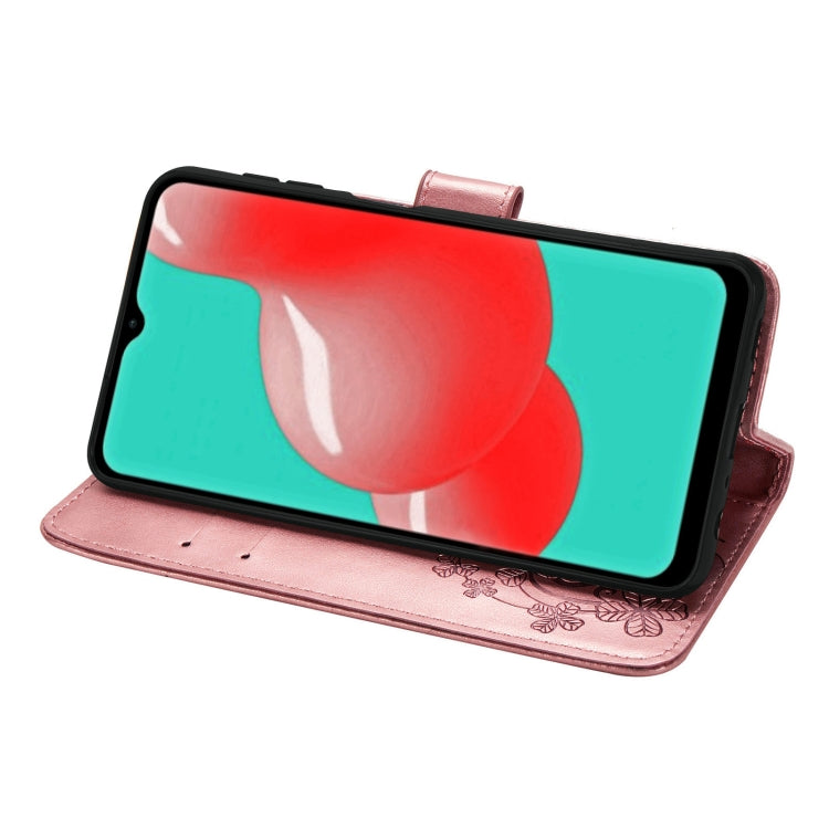 For Samsung Galaxy A32 4G Four-leaf Clasp Embossed Buckle Mobile Phone Protection Leather Case with Lanyard & Card Slot & Wallet & Bracket Function