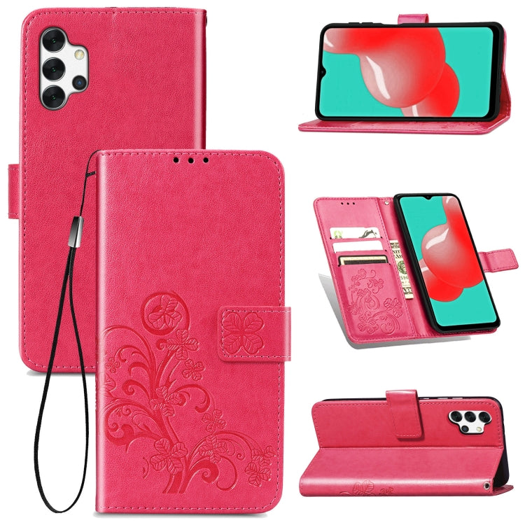 For Samsung Galaxy A32 4G Four-leaf Clasp Embossed Buckle Mobile Phone Protection Leather Case with Lanyard & Card Slot & Wallet & Bracket Function