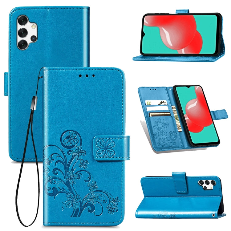 For Samsung Galaxy A32 4G Four-leaf Clasp Embossed Buckle Mobile Phone Protection Leather Case with Lanyard & Card Slot & Wallet & Bracket Function