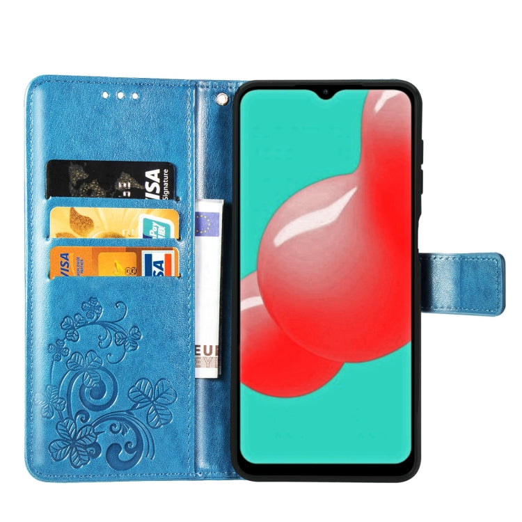 For Samsung Galaxy A32 4G Four-leaf Clasp Embossed Buckle Mobile Phone Protection Leather Case with Lanyard & Card Slot & Wallet & Bracket Function