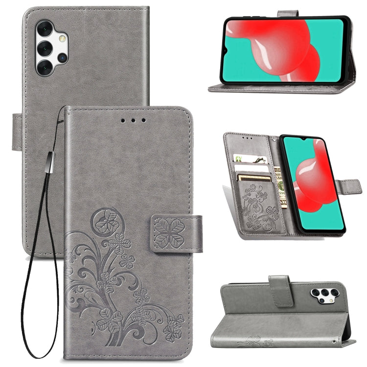 For Samsung Galaxy A32 4G Four-leaf Clasp Embossed Buckle Mobile Phone Protection Leather Case with Lanyard & Card Slot & Wallet & Bracket Function