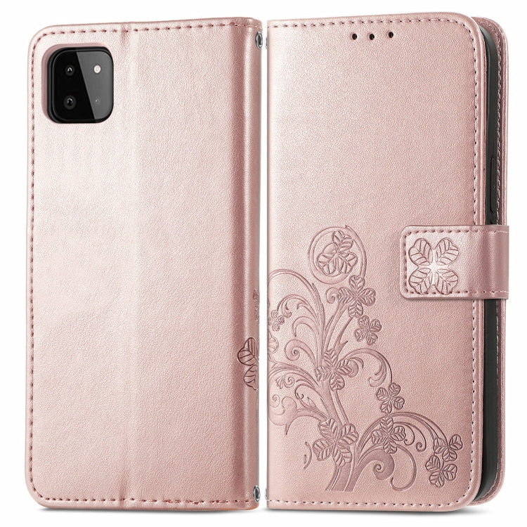 For Samsung Galaxy A22 5G Four-leaf Clasp Embossed Buckle Mobile Phone Protection Leather Case with Lanyard & Card Slot & Wallet & Bracket Function