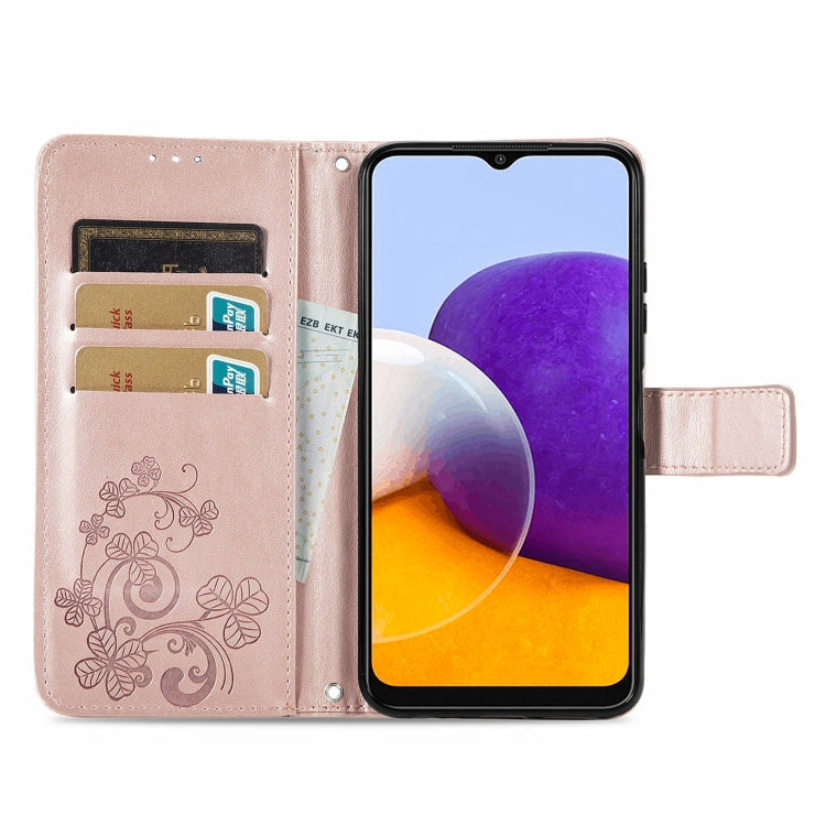For Samsung Galaxy A22 5G Four-leaf Clasp Embossed Buckle Mobile Phone Protection Leather Case with Lanyard & Card Slot & Wallet & Bracket Function