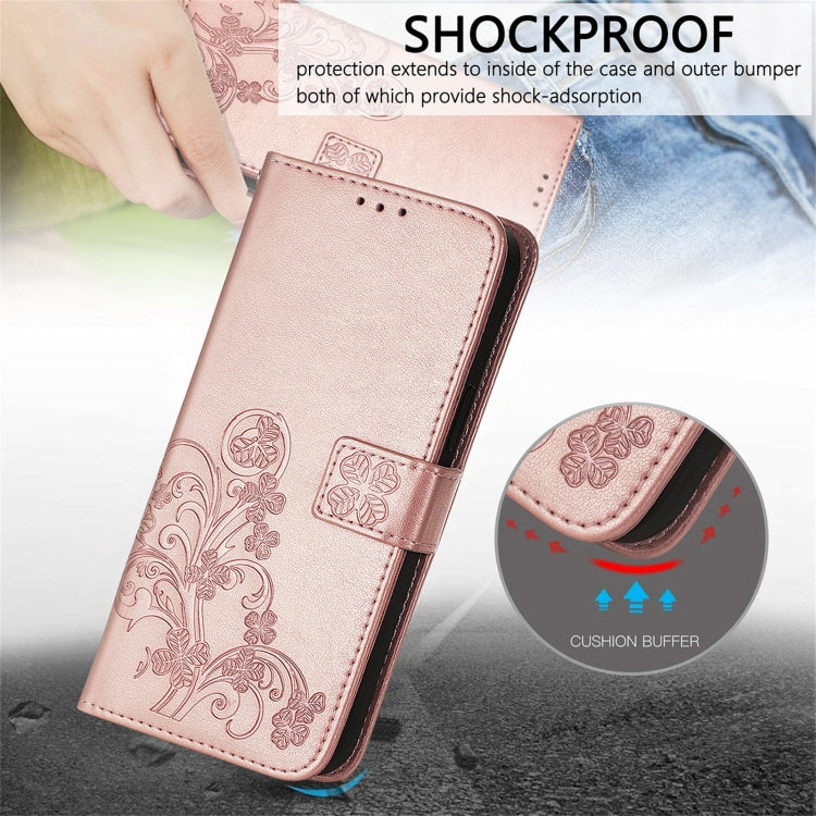 For Samsung Galaxy A22 5G Four-leaf Clasp Embossed Buckle Mobile Phone Protection Leather Case with Lanyard & Card Slot & Wallet & Bracket Function